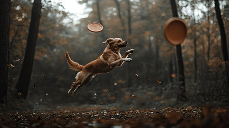 Determined dog jumping to grab a frisbee, its body fully stretched in a dramatic action shot, against a background of trees.の素材
