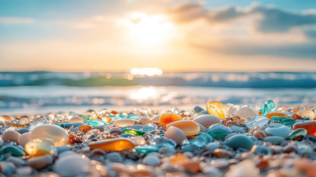 Brightly colored sea glass and stones scattered on a beach, glistening under the midday sun with waves in the background.の素材