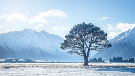 A solitary tree framed by snow-capped mountains, standing resiliently in a serene winter landscape, with a blanket of snow covering the ground.の素材