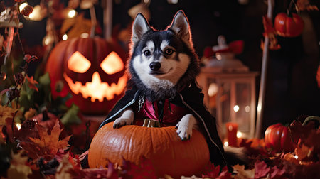 Cute husky in a Dracula outfit sitting on a pumpkin, surrounded by Halloween decorations, with autumn leaves and spooky props in the background.の素材