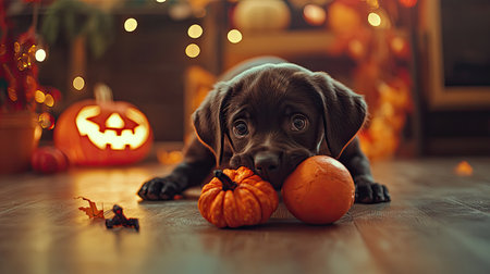 A playful pup dressed as a demon, tugging at a Halloween toy while surrounded by spooky decorations, creating a festive atmosphere.の素材