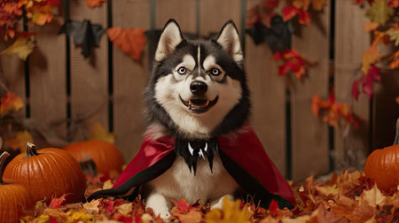 A fluffy husky with a Dracula cape and fangs, sitting among colorful autumn leaves and Halloween-themed props, showcasing its playful spirit.の素材