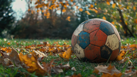 A weathered soccer ball on a grassy patch, surrounded by fallen leaves, evoking nostalgia for past games played.の素材