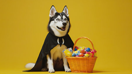 Cute husky dog in a black Dracula cape, posing beside a trick-or-treat basket filled with colorful candy and Halloween treats.の素材
