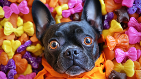 Cute dog dressed as a demon, lying on a bed of candy and Halloween treats, looking up with big eyes, ready for trick-or-treating.の素材