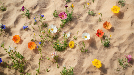 A close-up shot of colorful desert wildflowers blooming amid the sand, showcasing the beauty and resilience of life in arid conditions.の素材