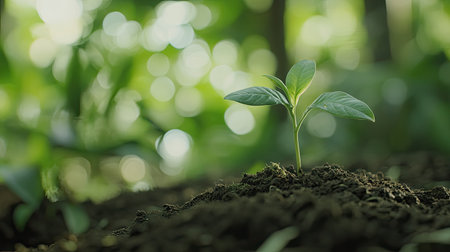 Close-up shot of a single green sprout breaking through soil, with a blurred background of lush vegetation highlighting its importance.の素材