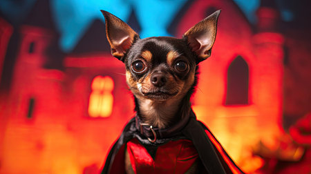 A small dog dressed in a scary demon costume, complete with horns and a flowing cape, standing proudly in front of a haunted house backdrop.の素材