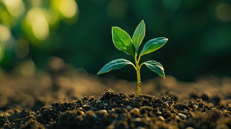 A close-up of a young plant growing from the ground, surrounded by rich soil and tiny pebbles, symbolizing resilience and life.の素材