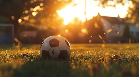 A soccer ball lying on a field during the golden hour, with soft light illuminating the grass and creating a peaceful atmosphere.の素材