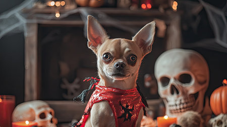 Cute dog in a devil costume with a mischievous grin, standing in front of a spooky Halloween display with cobwebs and skulls.の素材
