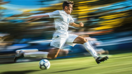 Player in motion, striking the ball with precision, the background blurred to emphasize the speed and energy of the moment.の素材