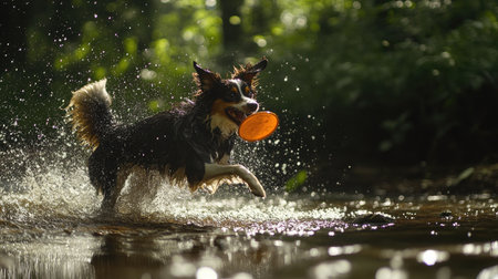 Dog leaping over a small stream to catch a frisbee, its focus entirely on the flying disc as water splashes around.の素材