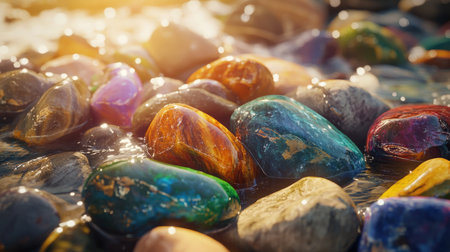 Pile of colorful river stones wet with water, shining under natural sunlight, highlighting their vibrant hues.の素材