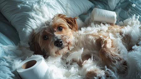 Dog lying contentedly among torn pillow fluff and an empty toilet paper roll, radiating joy despite the chaos around it.の素材