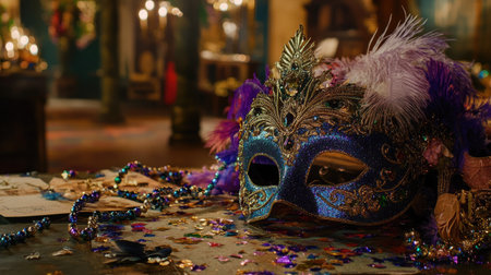 A beautifully decorated Mardi Gras mask resting on a table surrounded by confetti, beads, and a feather boa, creating an inviting atmosphere for the celebration.の素材