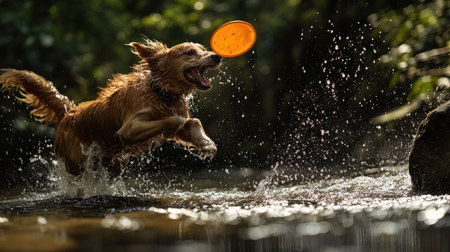 Dog leaping over a small stream to catch a frisbee, its focus entirely on the flying disc as water splashes around.の素材
