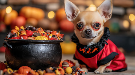 Small dog dressed in a red and black demon outfit, striking a pose beside a cauldron filled with Halloween treats and decorations.の素材