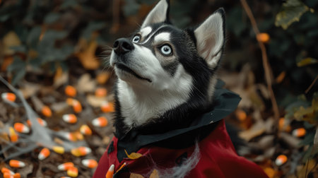 Playful husky wearing a Dracula cape, looking up with big eyes, surrounded by cobwebs and candy corn, capturing the spirit of Halloween.の素材