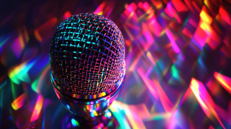 Microphone head illuminated by colorful stage lights, with reflections adding a vibrant glow on the textured metal.の素材
