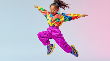 Full-length shot of a young girl leaping with excitement, wearing vibrant clothes and sneakers, with a plain, bright background.の素材