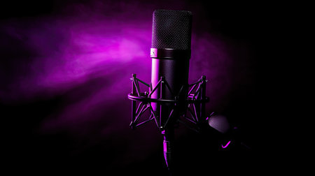 Shiny microphone illuminated by a vibrant purple light, with soft reflections on its metallic surface in a dim studio.の素材