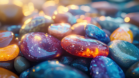 Pile of colorful river stones wet with water, shining under natural sunlight, highlighting their vibrant hues.の素材