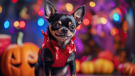 Small dog in a devil costume with a playful expression, surrounded by colorful Halloween decorations and a spooky night sky.の素材