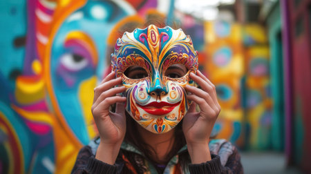 An artistic shot of a person holding a colorful Mardi Gras mask in front of their face, with vibrant street art in the background, emphasizing creativity and festivity.の素材