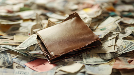 An empty wallet partially buried in a pile of receipts and crumpled bills, illustrating the chaos of personal finances and budgeting challenges.の素材