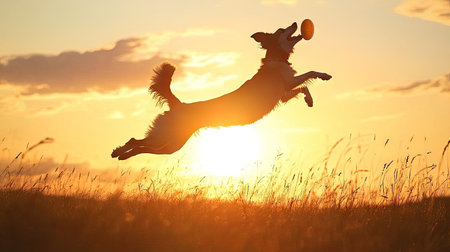 Dog leaping to catch a frisbee with the sun setting in the background, creating a dramatic silhouette of the jump.の素材