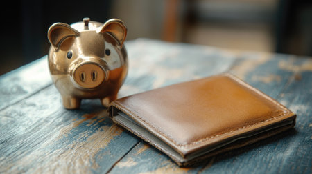 An empty wallet resting beside a vintage piggy bank, symbolizing savings and financial planning, with a soft focus on the background for depth.の素材