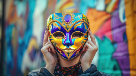 An artistic shot of a person holding a colorful Mardi Gras mask in front of their face, with vibrant street art in the background, emphasizing creativity and festivity.の素材