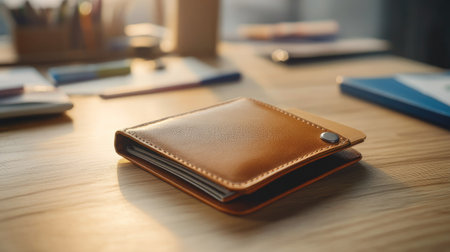 An empty wallet resting on a neatly organized desk, with stationery items in the background, portraying a professional and minimalist lifestyle.の素材