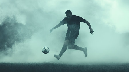 Soccer player in full gear kicking the ball on a misty field, with the ball in motion and visible determination on their face.の素材