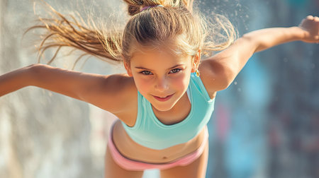 Young girl captured mid-jump in athletic wear, showing energy and confidence, with a bright background enhancing her joyful movement.の素材