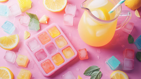 An artistic composition featuring a colorful ice cube tray next to a pitcher of lemonade, illustrating the refreshing summer vibes and the joy of making chilled drinks.の素材