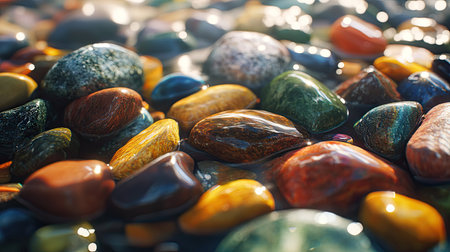 Pile of colorful river stones wet with water, shining under natural sunlight, highlighting their vibrant hues.の素材