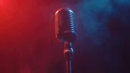 Retro-style microphone glowing under soft red and blue lights, evoking a nostalgic performance vibe.の素材