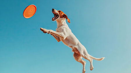 Energetic dog mid-jump, mouth open and paws stretched out, reaching for a frisbee in the air against a bright blue sky.の素材