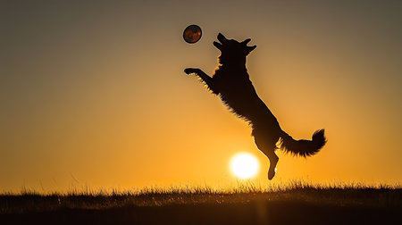 Dog leaping to catch a frisbee with the sun setting in the background, creating a dramatic silhouette of the jump.の素材