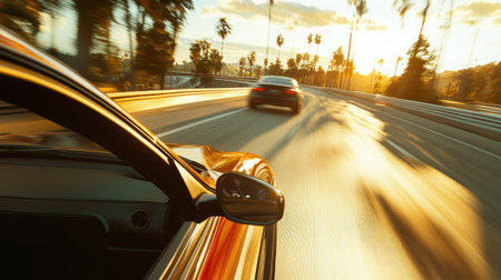 An action shot of a car speeding down a highway, with a seatbelt clearly visible in the foreground, reinforcing the message of safety during travel.の素材