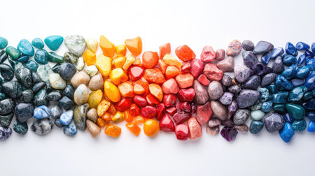 Polished colored stones arranged by color from light to dark, creating a beautiful spectrum against a white background.の素材