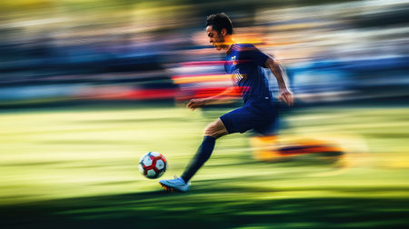 Player in motion, striking the ball with precision, the background blurred to emphasize the speed and energy of the moment.の素材