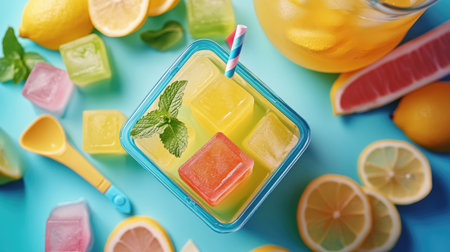 An artistic composition featuring a colorful ice cube tray next to a pitcher of lemonade, illustrating the refreshing summer vibes and the joy of making chilled drinks.の素材