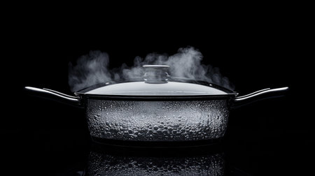 A boiling pot with a glass lid, with steam trapped inside and fogging up the glass, as the water bubbles energetically below.の素材