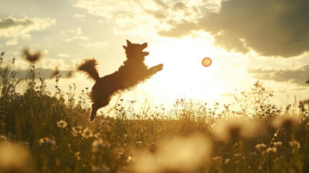 Dog jumping to catch a frisbee, its silhouette framed by the sun, with a field of wildflowers in the background.の素材