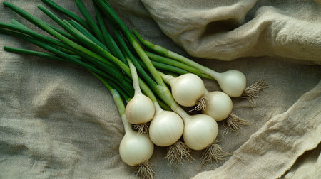 A bunch of raw onions with their green stalks still attached, freshly harvested, laid on a textured cloth background.の素材