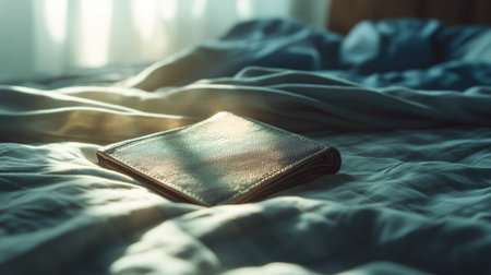 An artistic shot of an empty wallet lying on a bed with a soft blanket, with natural light streaming in, evoking feelings of relaxation and financial ease.の素材