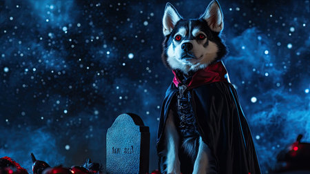 Husky dressed as Dracula, standing proudly beside a spooky gravestone, with a backdrop of a starry night sky and Halloween decorations.の素材